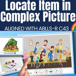 May include: A colorful illustration of a large family gathering around a table for a meal. The image is used for a game where players must locate specific items in the picture. The items to find are a red apple, a yellow banana, a box of cereal, a green turtle, a yellow pencil, and a box of juice.