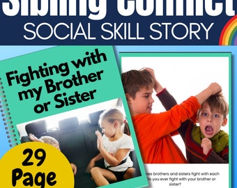 Op de afbeelding: Een sociaal vaardigheidsverhaal van 29 pagina's met de titel "Vechten met mijn broer of zus" met illustraties van twee kinderen die ruzie maken. De kaft is groen en heeft een spiraalbinding.