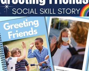 Könnte beinhalten: Ein Sozialkompetenz-Geschichtenbuch mit dem Titel "Greeting Friends" mit Illustrationen von Kindern, die sich begrüßen. Ein Bild zeigt Kinder, die sich High Fives geben, und ein anderes zeigt ein Kind, das einem Freund zuwinkt.