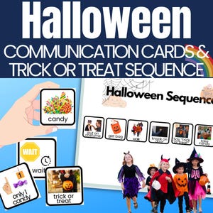 Communicatiekaarten in PECS-stijl in Halloween-stijl en visuele ondersteuning voor trick or treat