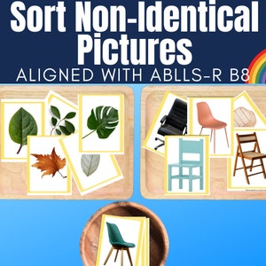 May include: Two wooden trays with yellow borders hold various pictures. The pictures include leaves, a monstera leaf, a chair, a desk chair, and a wicker chair. The trays are on a blue background. A wooden bowl with a yellow border holds a picture of a green chair.