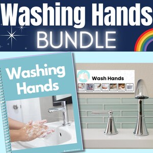 Puede incluir: Un libro imprimible azul y blanco con el título "Washing Hands" y una foto de una persona lavándose las manos en un lavabo. Un póster con el título "Wash Hands" y una serie de imágenes que muestran los pasos para lavarse las manos.