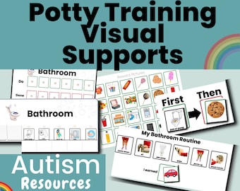 May include: Visual supports for potty training, featuring a chart with a toilet icon, a reward chart with pictures of candy, a cookie, and a lollipop, and a visual schedule with the words "First" and "Then" and a picture of a toilet and a cookie.