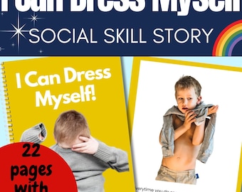 Può includere: Una copertina di libro con sfondo giallo e il titolo "Posso vestirmi da solo!" in grandi caratteri grassetto. La copertina presenta anche una foto di un bambino che si mette una camicia. Il libro ha 22 pagine con foto.