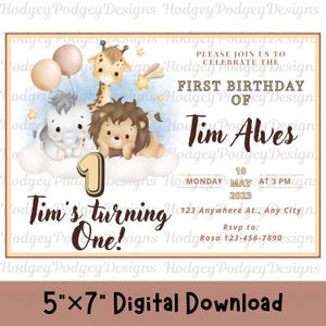 eerste verjaardag digitale download, schattig dierenthema pdf-sublimatieontwerp bewerkbare verjaardagsuitnodiging bedankkaart t-shirt clipartbundel