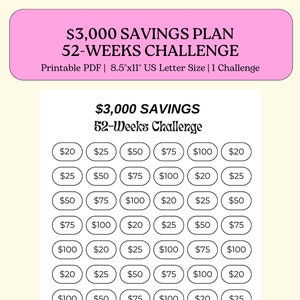 Puede incluir: Un gráfico imprimible en blanco y negro con el título "$3,000 Savings Plan 52-Weeks Challenge". El gráfico está dividido en una cuadrícula de 6 filas y 6 columnas. Cada celda contiene una cantidad en dólares, como $20, $25, $50, $75 y $100.