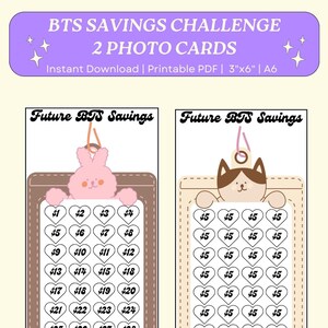 Può includere: Due carte fotografiche stampabili con un coniglietto rosa e un gatto marrone. Ogni carta ha una griglia di cuori con importi in dollari da $ 1 a $ 28. La carta del coniglietto ha un totale di $ 406 e la carta del gatto ha un totale di $ 140. Le carte sono progettate per una sfida di risparmio BTS.