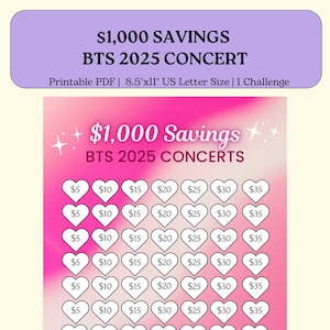 将来の BTS コンサートのための 1,000 貯金 / 1,000 貯金 / 貯金 / 予算 / 1K 貯金プラン / デジタル / BTS 貯金プラン / BTS / BTS 印刷可能