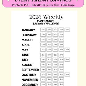 May include: A printable PDF savings challenge for 2026, designed for weekly savings. The document, sized at 8.5"x11", features a chart with monthly breakdowns and savings amounts. The total saved amount is $1,075.