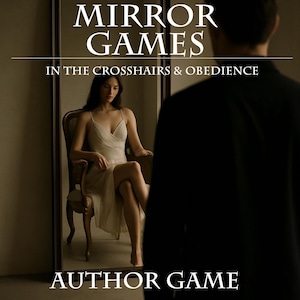 Könnte beinhalten: Ein Spiegel zeigt eine Frau in einem cremefarbenen Kleid, die auf einem Holzstuhl sitzt. Der Spiegel hat einen dunklen Rahmen, mit dem Text "MIRROR GAMES" und "AUTHOR GAME" oben und unten. Der Text "IN THE CROSSHAIRS & OBEDIENCE" ist ebenfalls sichtbar.
