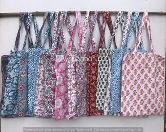 100% Cotton Hand Block Floral Printed Tote Bags, Wholesale Lot Carry Bag, Market Bags, Grocery Bags, Washable And Reusable Shopping Bags