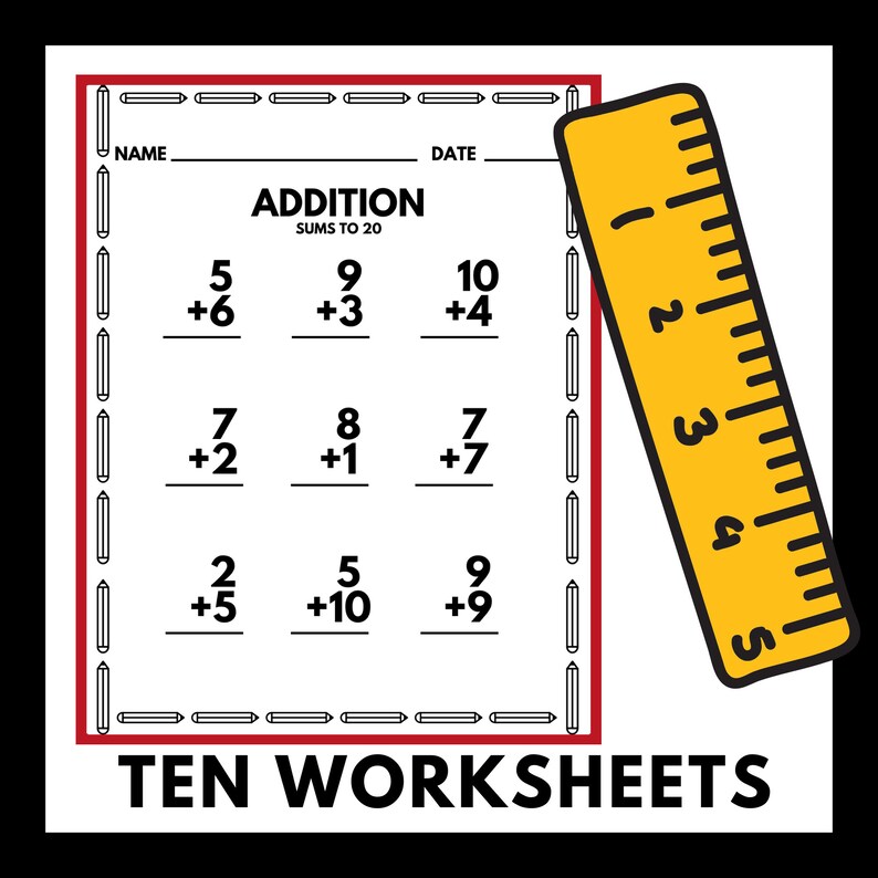 Math Worksheets Printable Instant Download Addition Sums to 20