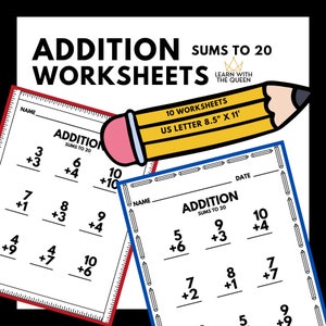 May include: A set of 10 printable addition worksheets for kids. The worksheets feature addition problems that add up to 20. The worksheets are designed for US Letter size paper, 8.5 inches by 11 inches.