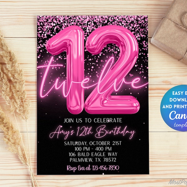 Editable Pink 12th Birthday Invitation Template, Glitter Birthday Party Invite, Rainbow Foil Girl Twelfth Birthday Template Instant | TG101