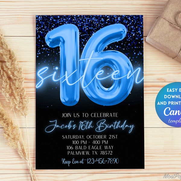 Editable Blue 16th Birthday Invitation Template, Glitter Birthday Party Invite, Boy Foil Boy Sixteenth Birthday Template Instant | TB107