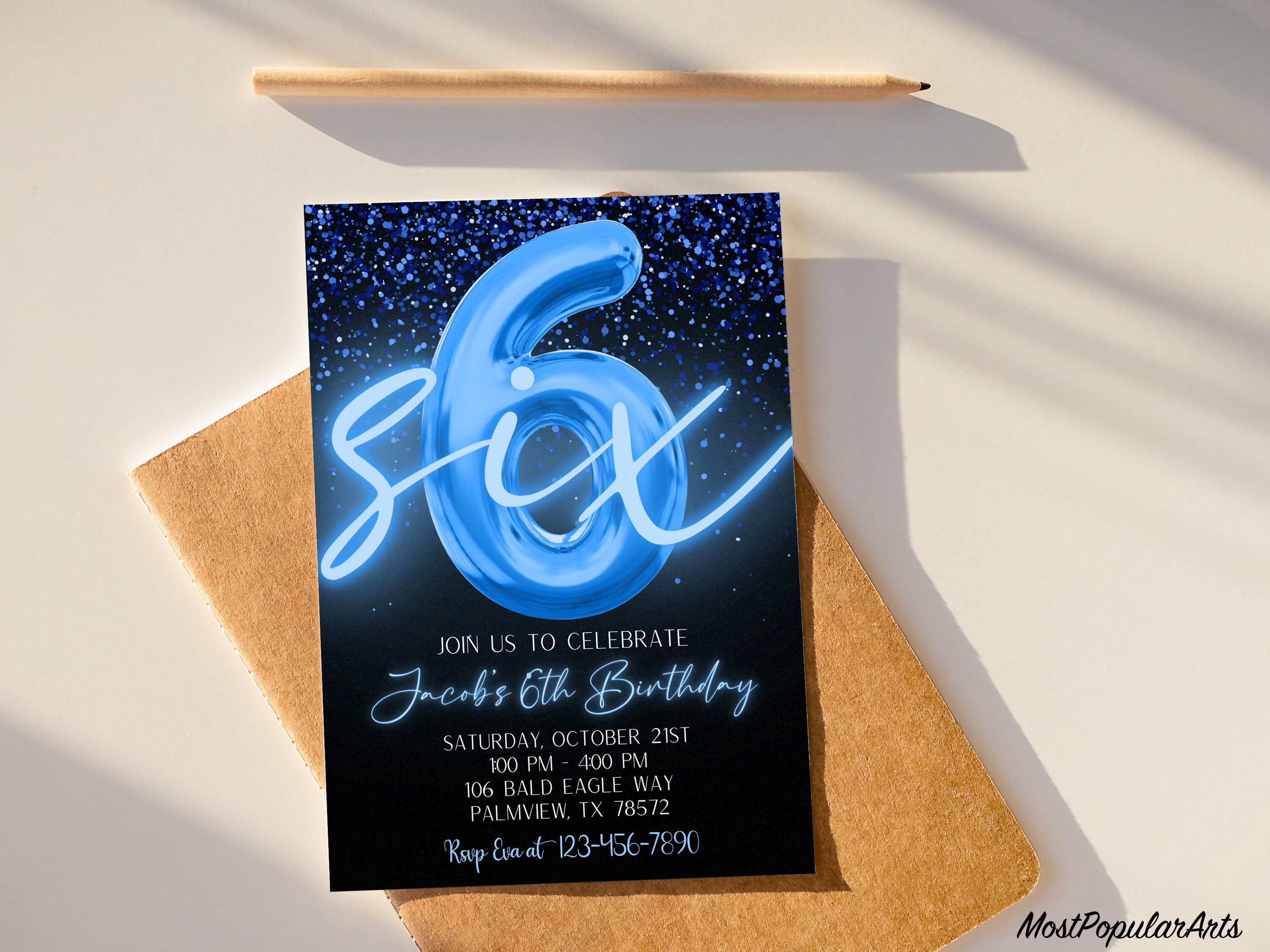 Editable Blue 6th Birthday Invitation Template, Glitter Birthday Party ...