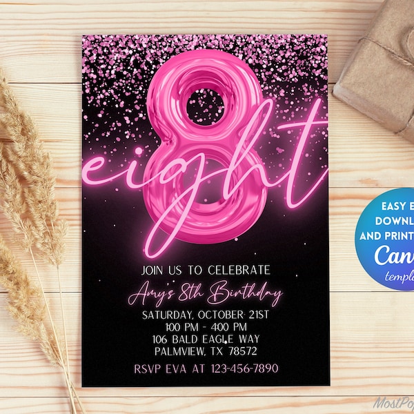 Editable Pink 8th Birthday Invitation Template, Glitter Birthday Party Invite, Rainbow Foil Girl Eighth Birthday Template Instant | TG101
