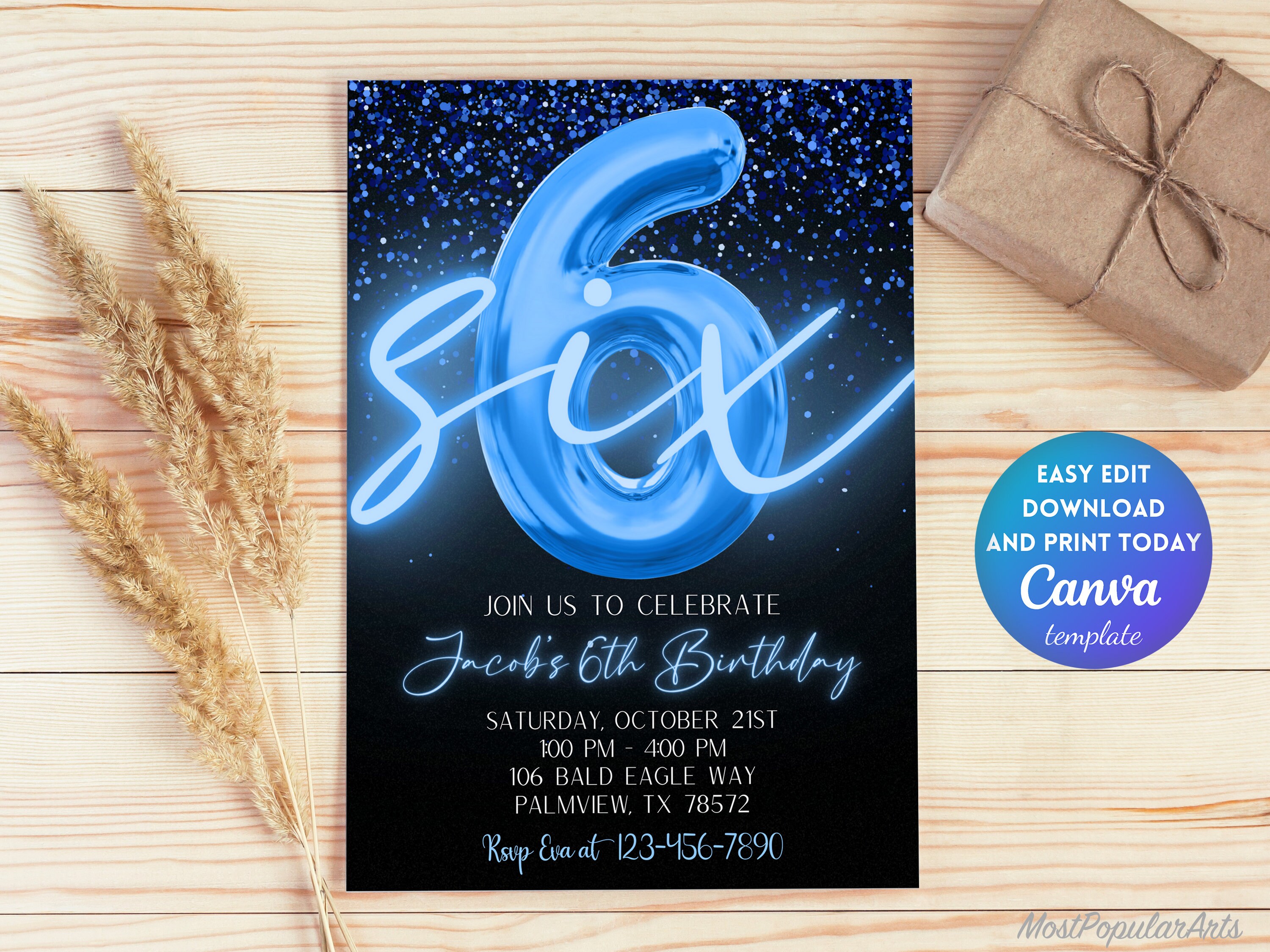 Editable Blue 6th Birthday Invitation Template, Glitter Birthday Party ...