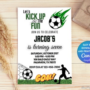 Editable Soccer Birthday Invitation Template, Glitter Birthday Party Invite, Boy Green Soccer Birthday Template Instant | TB111