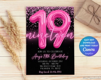 Editable Pink 19th Birthday Invitation Template, Glitter Birthday Party Invite, Rainbow Foil Girl Nineteenth Birthday Template | TG101