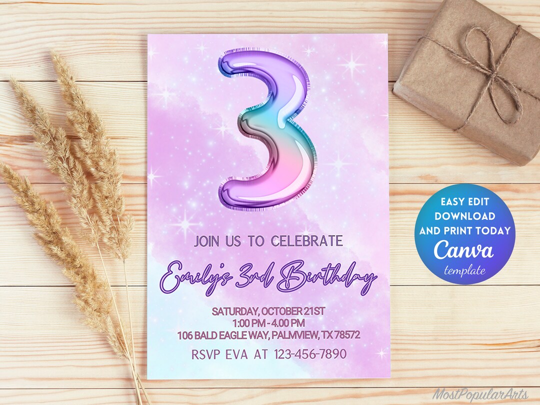 Editable Pink 3rd Birthday Invitation Template, Glitter Birthday Party ...