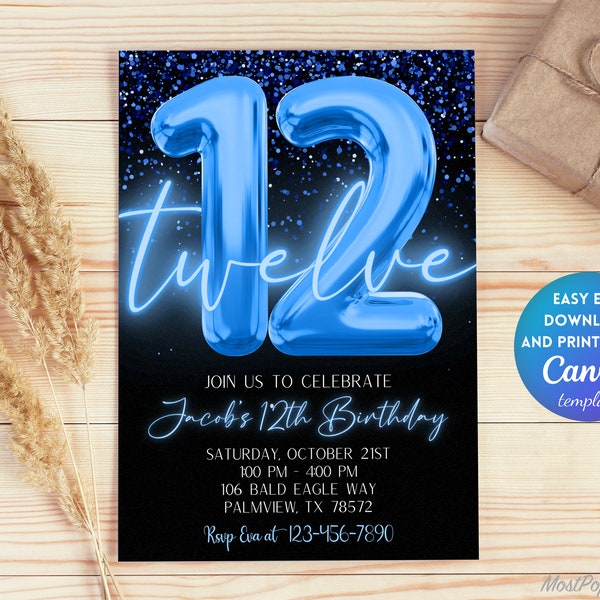 Editable Blue 12th Birthday Invitation Template, Glitter Birthday Party Invite, Boy Foil Boy Twelfth Birthday Template Instant | TB107