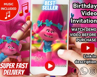 Trolls Poppy Birthday Invitation, Trolls invitation, Trolls Animated Invitation, Poppy Trolls Animated Invite Video, Trolls Digital Invite