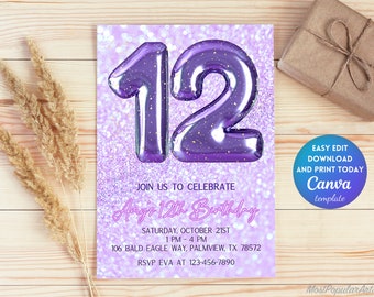 Editable Purple 12th Birthday Invitation Template, Glitter Birthday Party Invite, Rainbow Girl Twelfth Birthday Template Instant | TB131