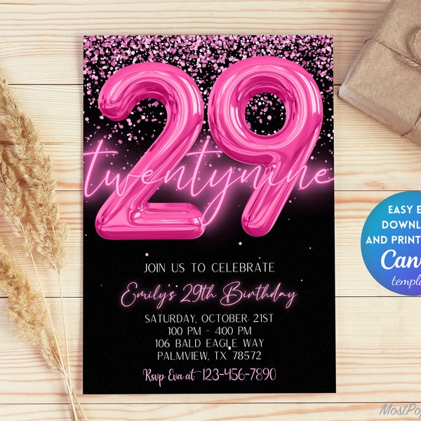 Editable Pink 29th Birthday Invitation Template, Glitter Birthday Party Invite, Rainbow Foil Girl Twentyninth Birthday Template | TG101