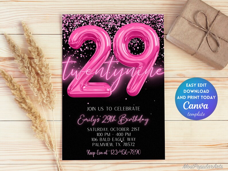 Editable Pink 29th Birthday Invitation Template, Glitter Birthday Party
