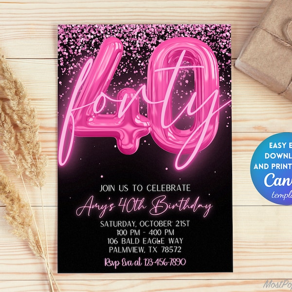 Editable Pink 40th Birthday Invitation Template, Glitter Birthday Party Invite, Rainbow Foil Girl Fortieth Birthday Template | TG101