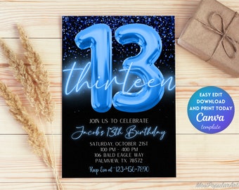 Editable Blue 13th Birthday Invitation Template, Glitter Birthday Party Invite, Boy Foil Boy Thirteenth Birthday Template Instant | TB107