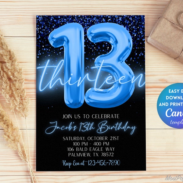 Editable Blue 13th Birthday Invitation Template, Glitter Birthday Party Invite, Boy Foil Boy Thirteenth Birthday Template Instant | TB107