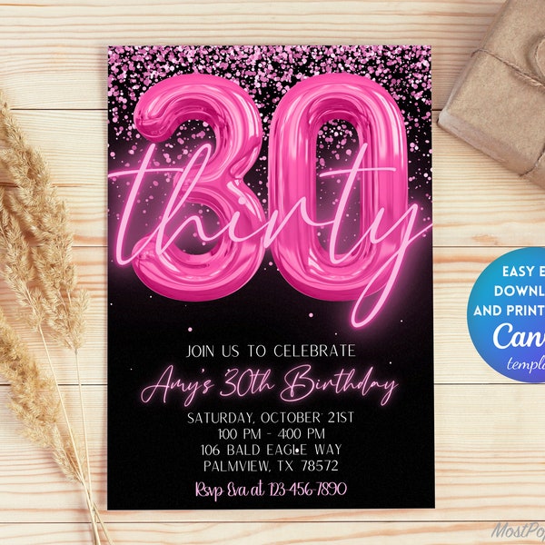 Editable Pink 30th Birthday Invitation Template, Glitter Birthday Party Invite, Rainbow Foil Girl Thirtieth Birthday Template | TG101