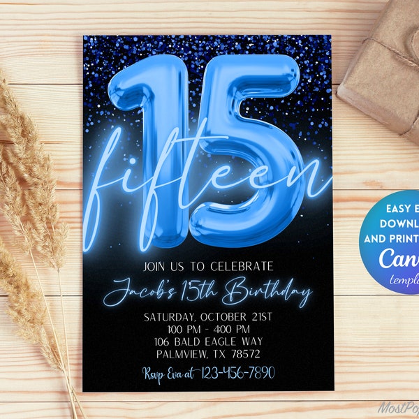 Editable Blue 15th Birthday Invitation Template, Glitter Birthday Party Invite, Boy Foil Boy Fifteenth Birthday Template Instant | TB107