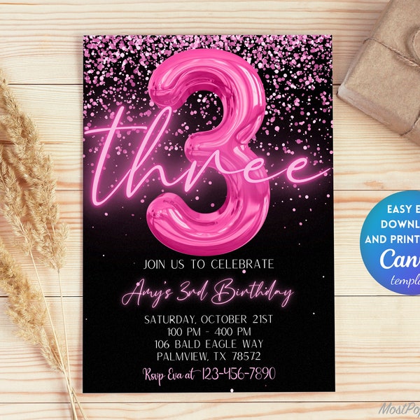 Editable Pink 3rd Birthday Invitation Template, Glitter Birthday Party Invite, Rainbow Foil Girl Third Birthday Template Instant | TG101