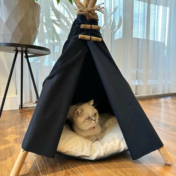 Pet teepee, Dark Blue Cotton Tent , pompoms trim, including cotton pillow. Dog house, cat home, teepee, pet bed, tepee, hotel chic, leafs