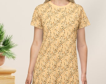 Apricot Floral Blossom Print T-Shirt Dress  A Line Summer Dress Lightweight Short Dress Minimalist Vibes Watercolors Floral Print Dress