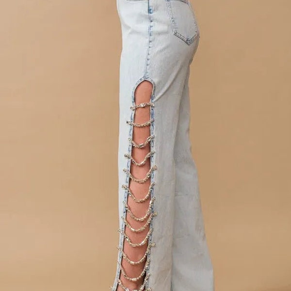 Cut Out At Side w/ Jewel Trim Stretch Denim Jeans