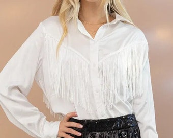 Satin Shirt Blouse with Chevron Fringe