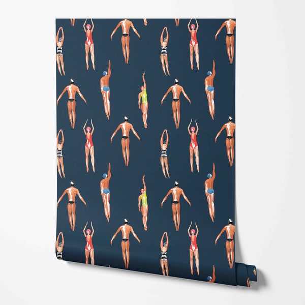 Swimmer Wallpaper - Sports Pattern -Summer Theme - Removable Peel and Stick Wallcovering by Wild West - Pre-pasted - Non-pasted Materials