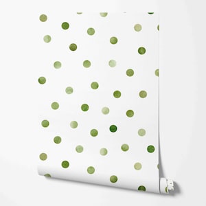 May include: White wallpaper with a repeating pattern of green watercolor dots.