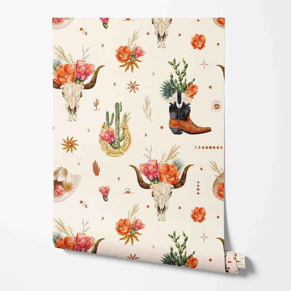 Wild West Wallpaper - Flowers, Desert, Cactus Pattern - Removable Peel and Stick Wallpaper by Wild West - Pre-pasted - Non-pasted Materials