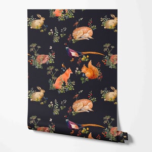Dark Forest Animals Wallpaper - Botanical Pattern - Removable Peel & Stick Wallpaper by Wild West - Pre-pasted - Non-pasted Material