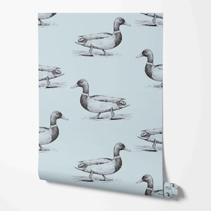 May include: A seamless pattern featuring a repeating design of black and white illustrations of ducks on a light blue background.