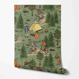Camping Wallpaper - Nature Lover, Biking and Trails Pattern, Removable Peel & Stick Wallpaper by Wild West, Pre-pasted, Non-pasted Materials