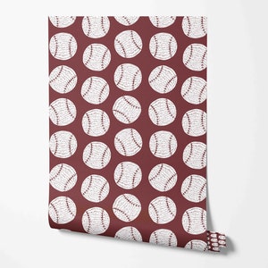 Può includere: Carta da parati rossa con un motivo ripetuto di palline da baseball bianche.