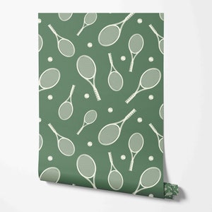 May include: A green background with a repeating pattern of white tennis rackets and tennis balls.