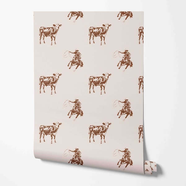 Wild West Wallpaper - Cowboy and Cow Pattern - Removable Peel and Stick Wallcovering by Wild West - Pre-pasted - Non-pasted Materials