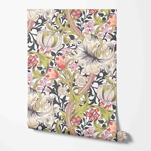 Golden Lily Wallpaper - William Morris Pattern - Removable Peel & Stick Wallpaper by Wild West - Pre-pasted - Non-pasted Materials